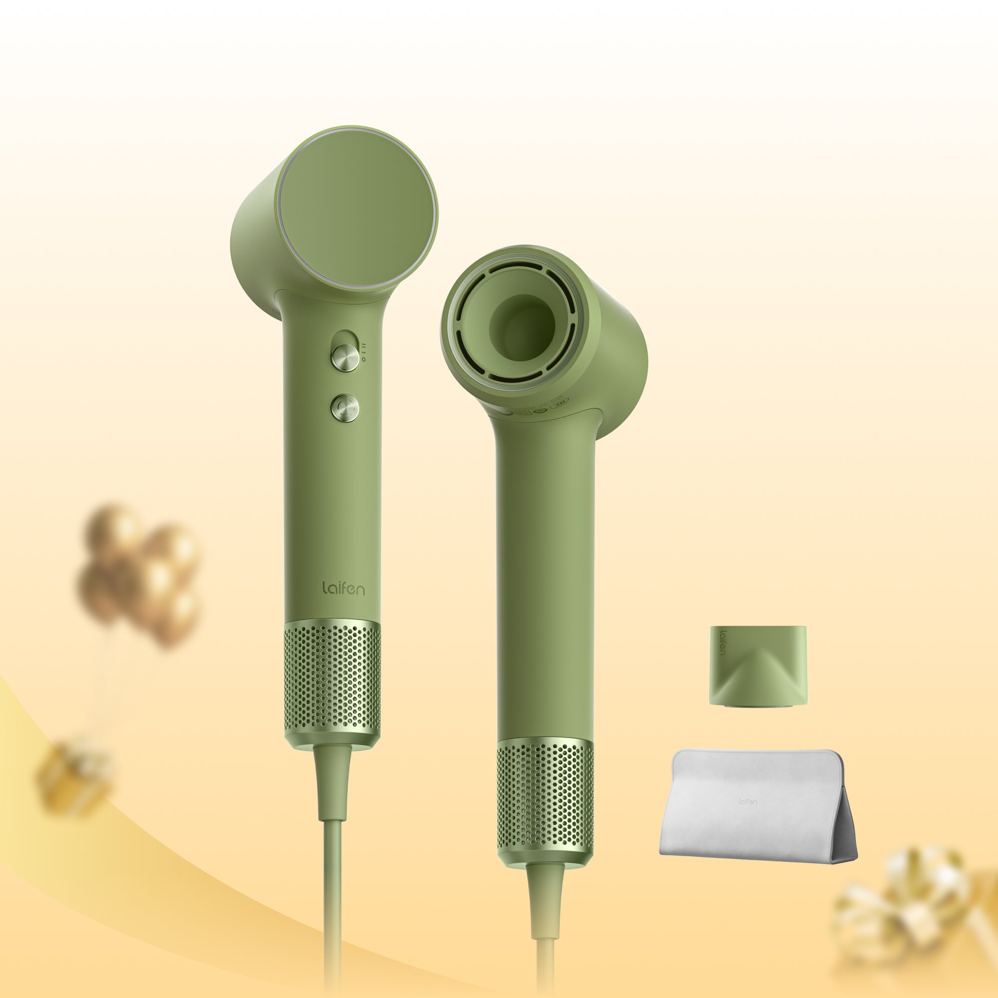 Green hair dryer Laifen MIni with attachments and storage bag