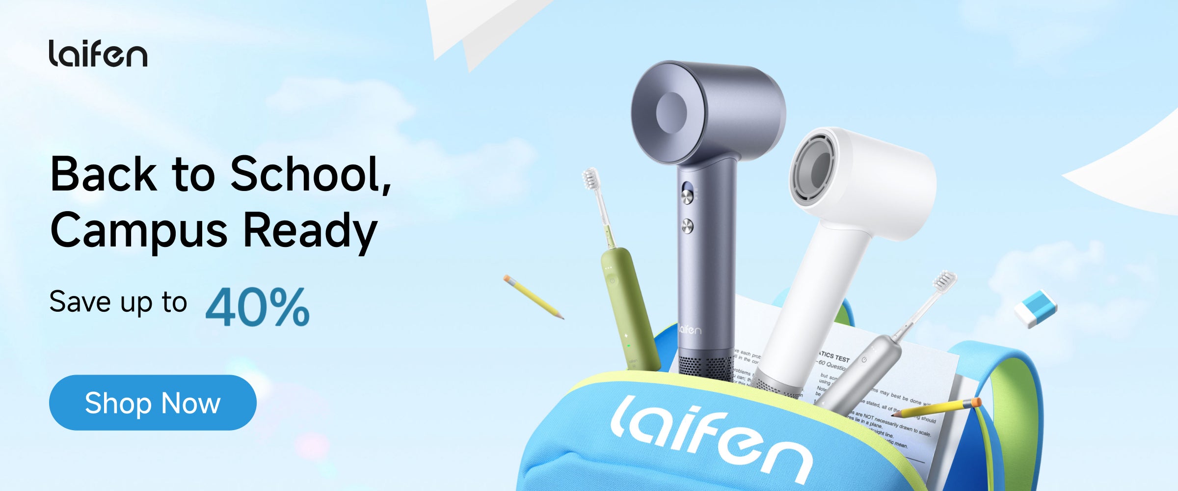 Laifen promotional banner with earbuds, stationery, and 'Back to School' text on a blue background.
