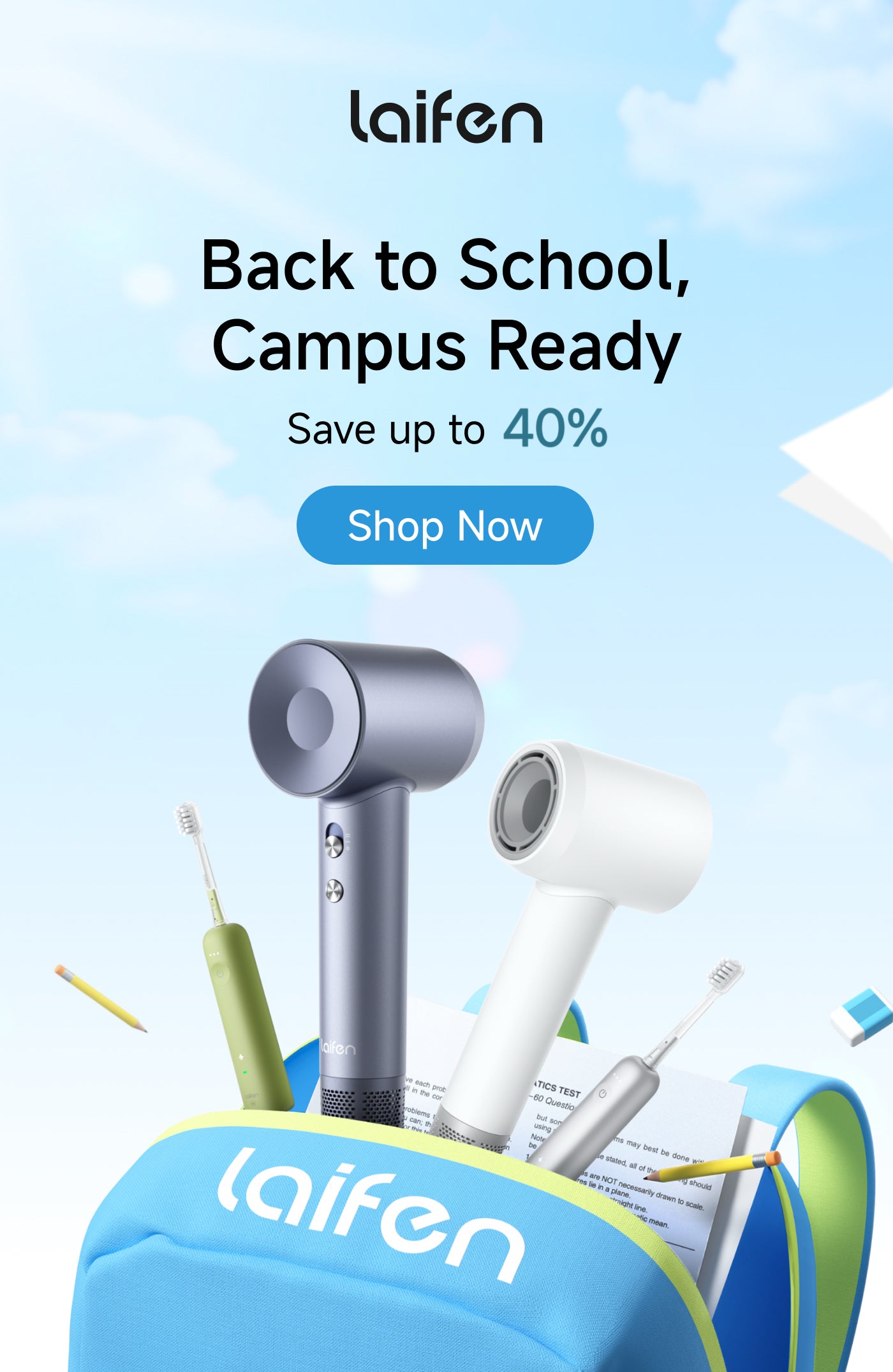 Laifen promotional banner with school supplies and 'Back to School, Campus Ready' text on a blue background.